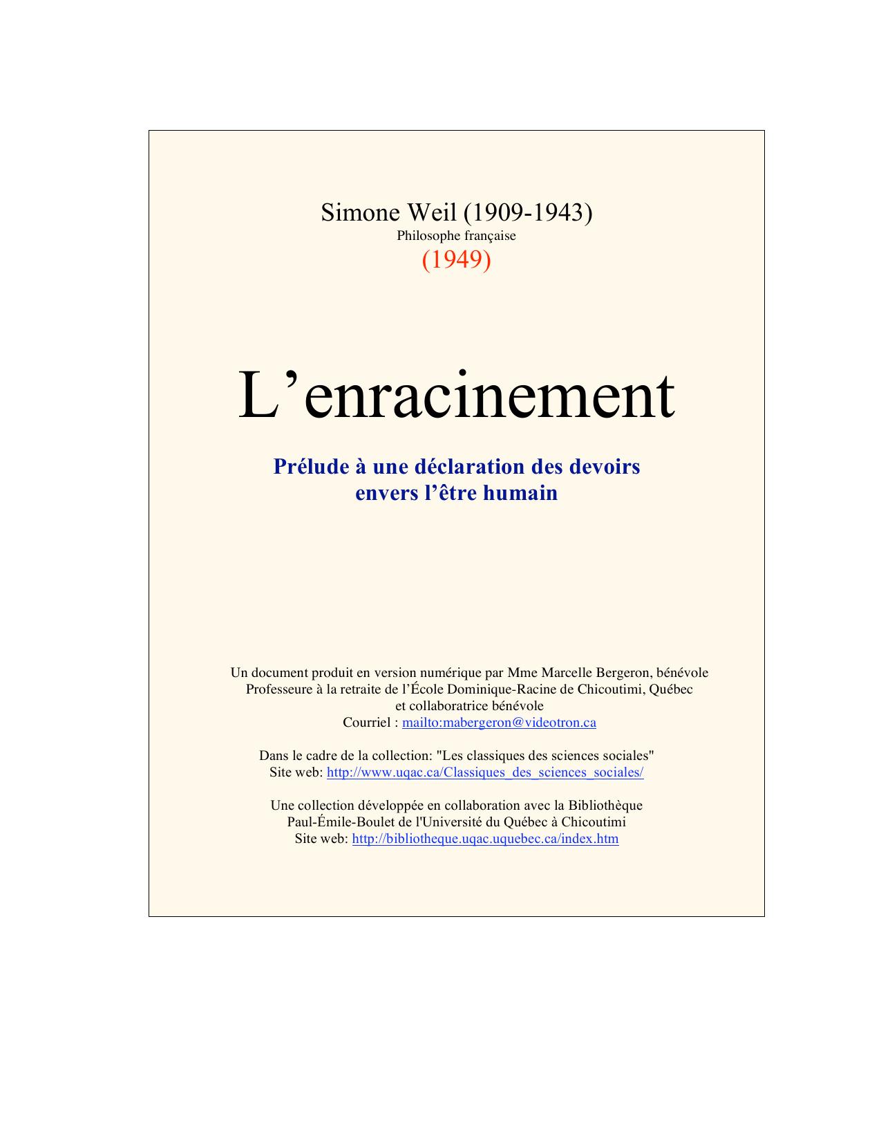 L'enracinement: prélude à une déclaration des devoirs envers l'être humain