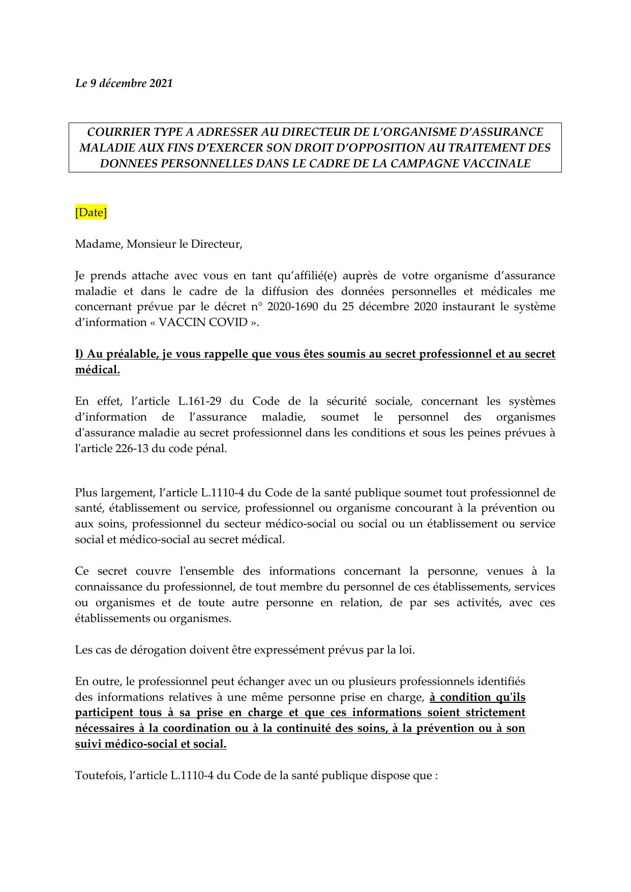 Courrier type Droit d'opposition auprès de la CPAM 09 12 21 Pdf