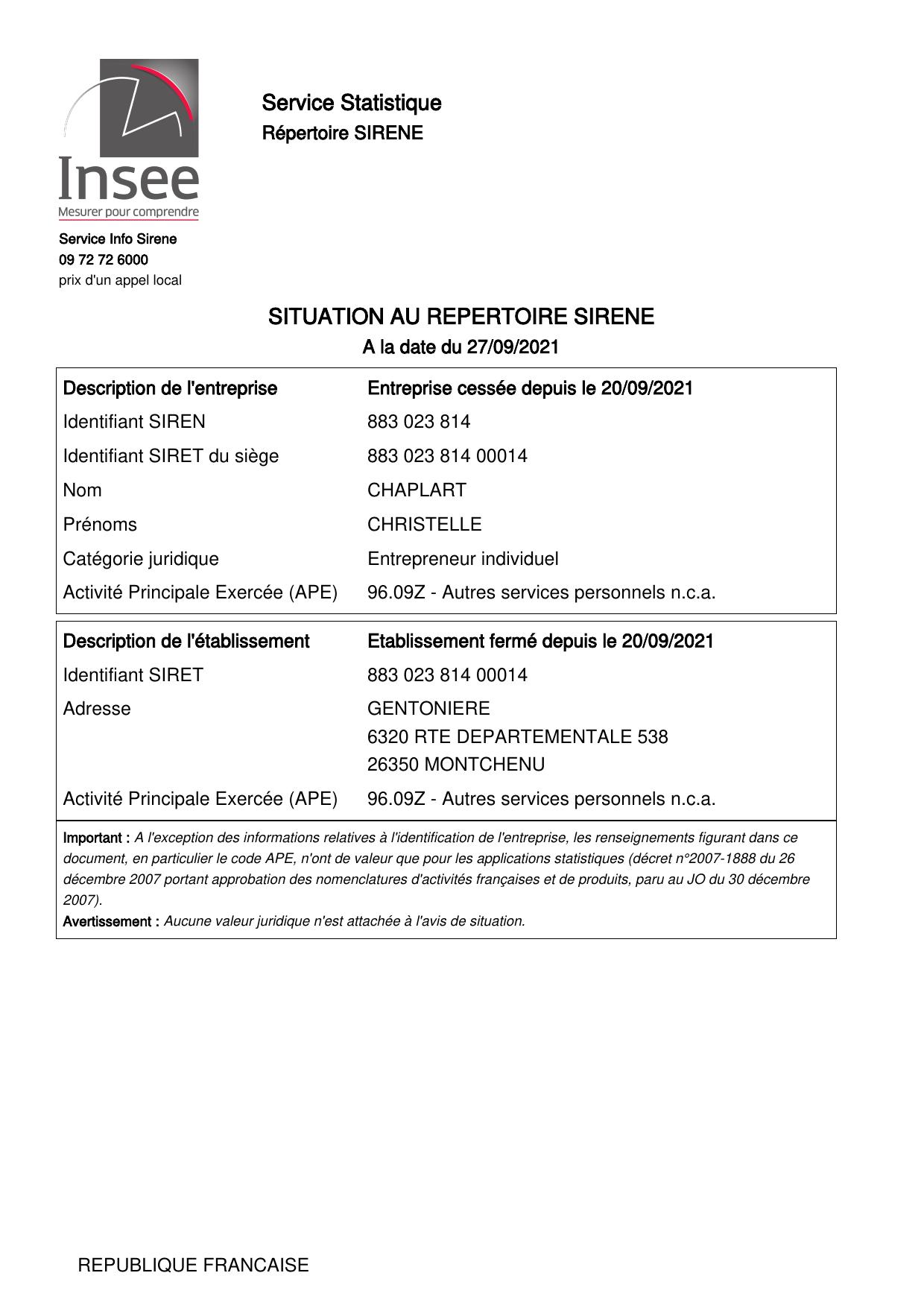 Avis de situation au répertoire Sirene