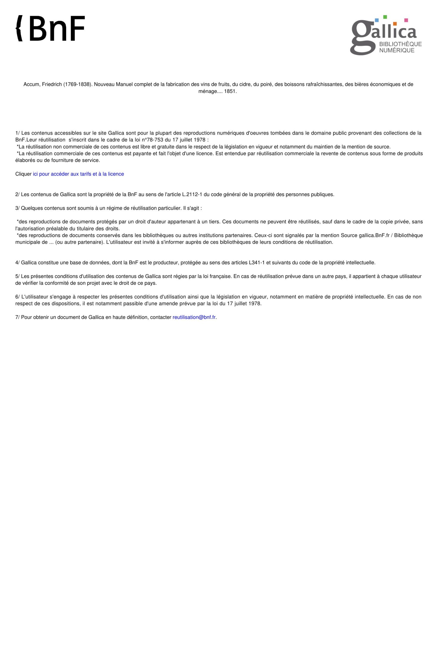 Accum, Friedrich (1769-1838). Nouveau Manuel complet de la fabrication des vins de fruits, du cidre, du poiré, des boissons rafraîchissantes, des bières économiques et de ménage.... 1851.