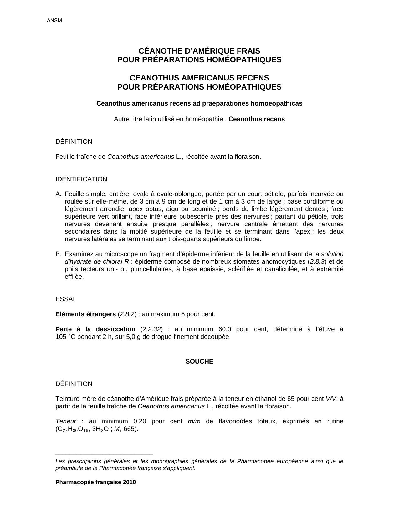 Pharmacopee Francaise - Ceanothus americanus recens PPH / Ceanothe d'Amerique frais PPH