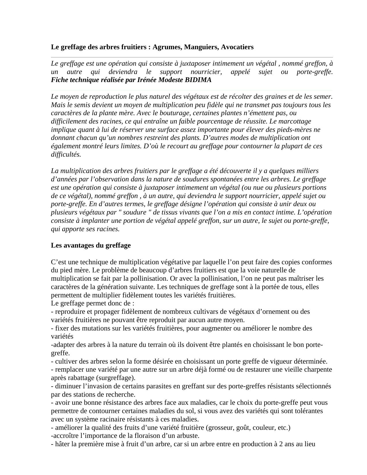 Le greffage des arbres fruitiers : Agrumes, Manguiers, Avocatiers